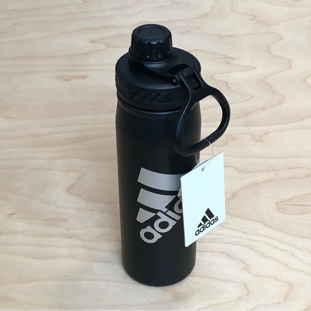 Adidas Water Bottle Black Silver Logo NWT Unisex Men One Size 3.5inX10in